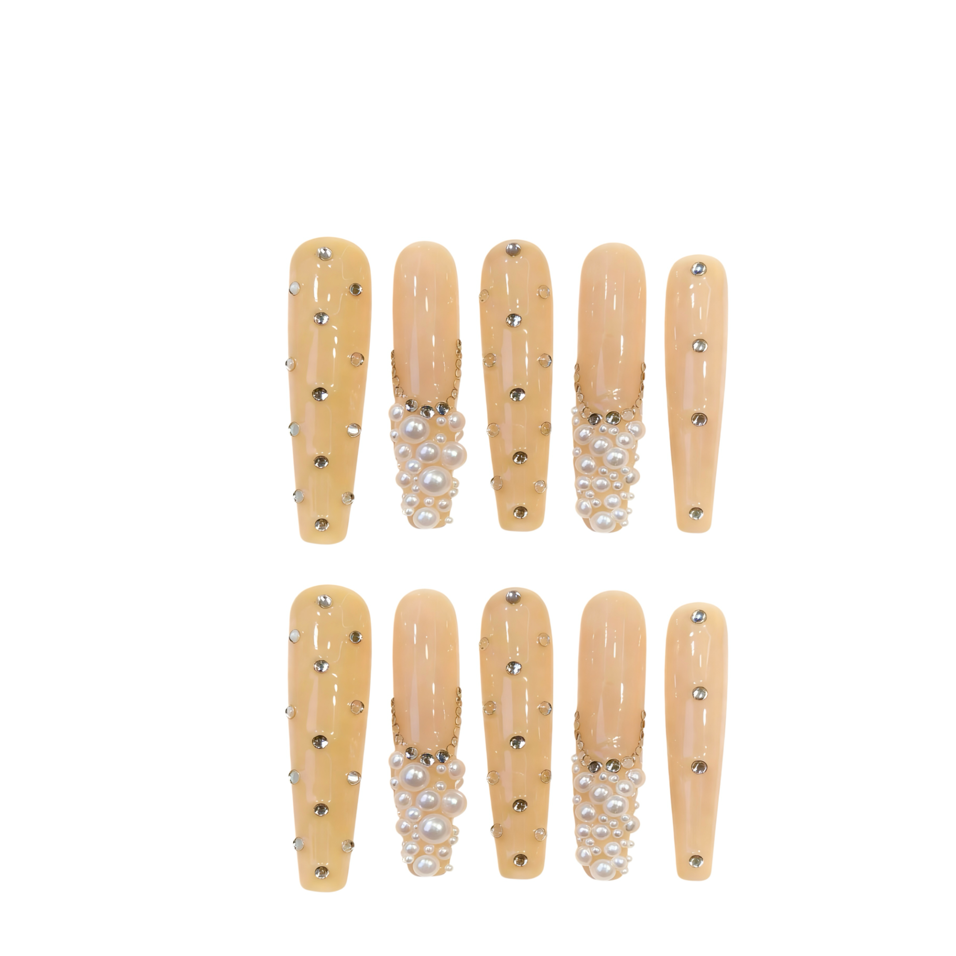 Set of beige false nails with pearls and rhinestones on a white background
