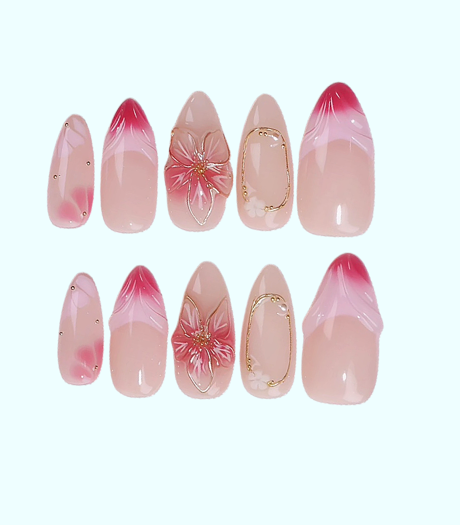 Set of pink and gold nail art designs on a white background