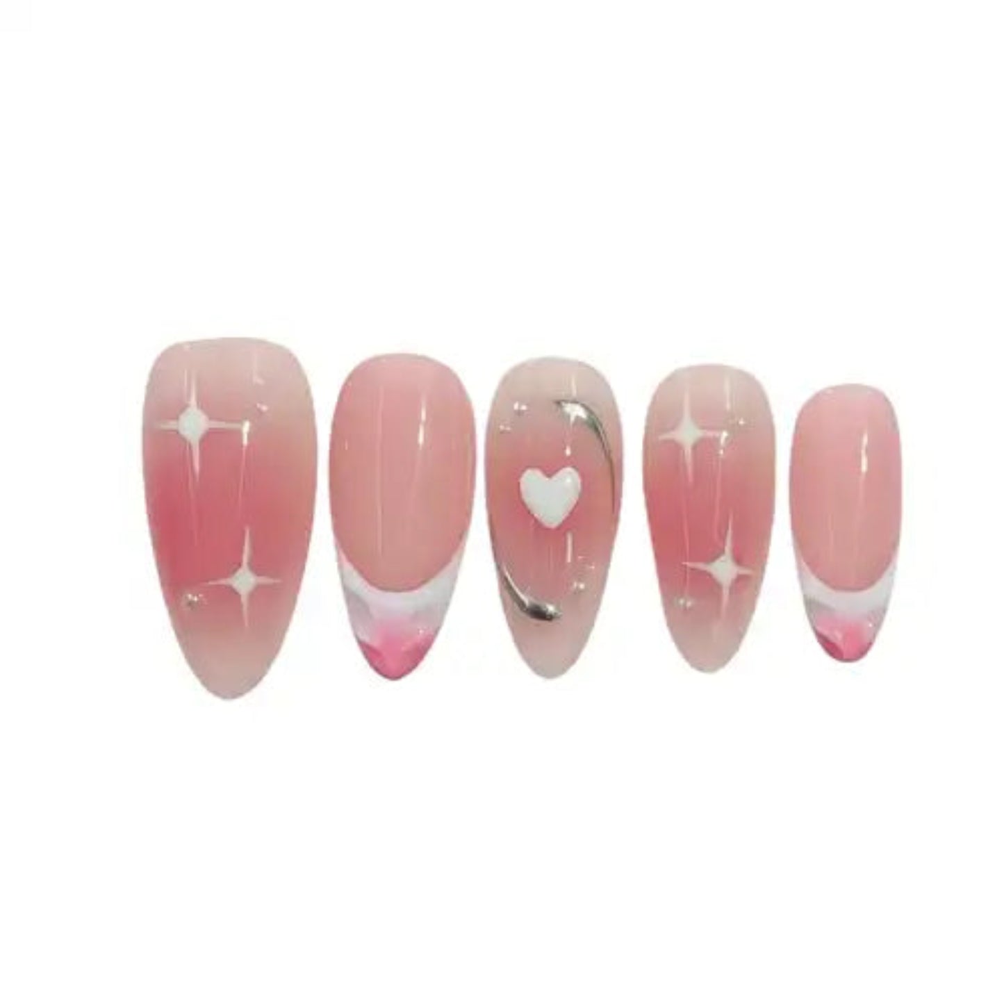 Set of pink nail art designs with stars and a heart on a white background