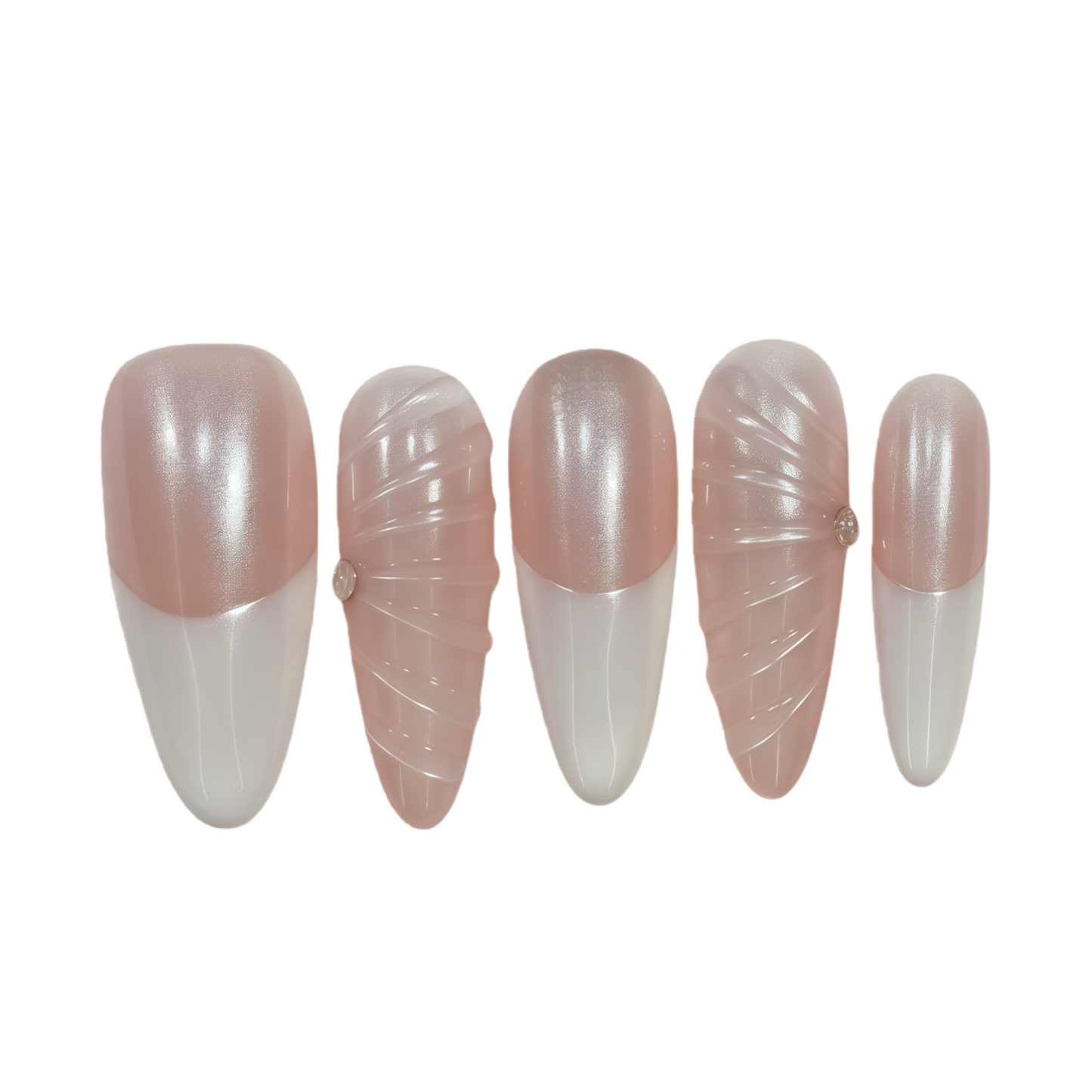 Set of five nail art designs with pink and white colors on a white background