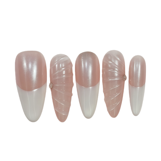 Set of five nail art designs with pink and white colors on a white background