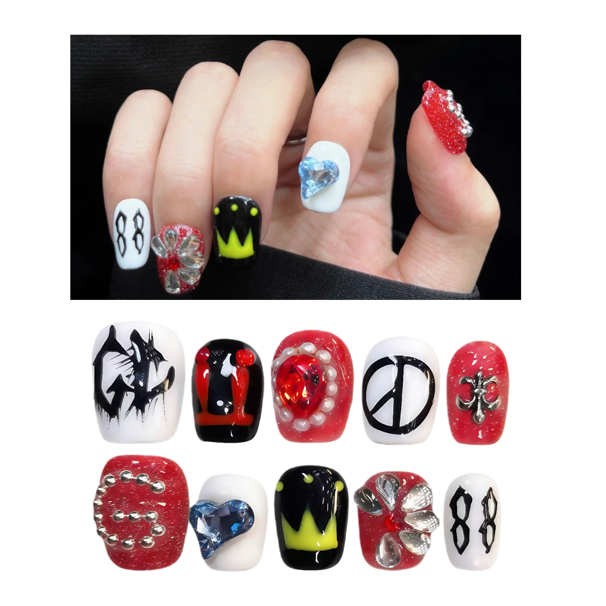 Nail art designs on a hand with a black background