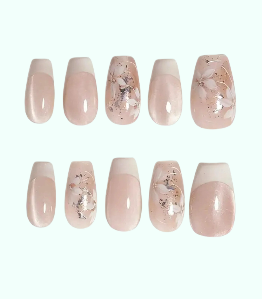 Set of pink and beige nail designs with floral patterns on a white background