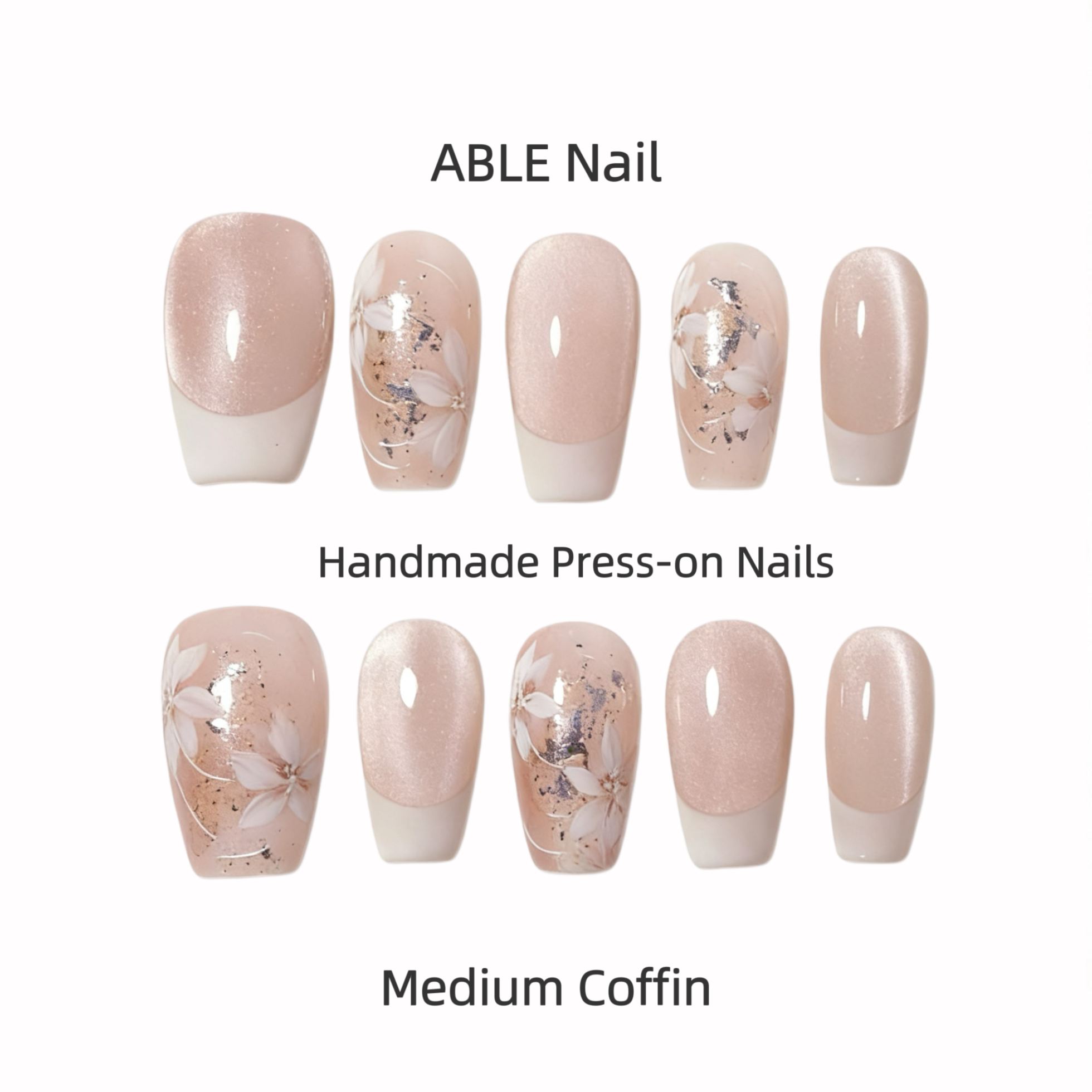 Set of ABLE Nail handmade press-on nails in medium coffin shape with a beige and white design.