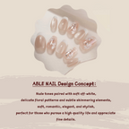 Nail art display with nude tones and floral patterns on a beige background, featuring text about ABLE NAIL Design Concept.