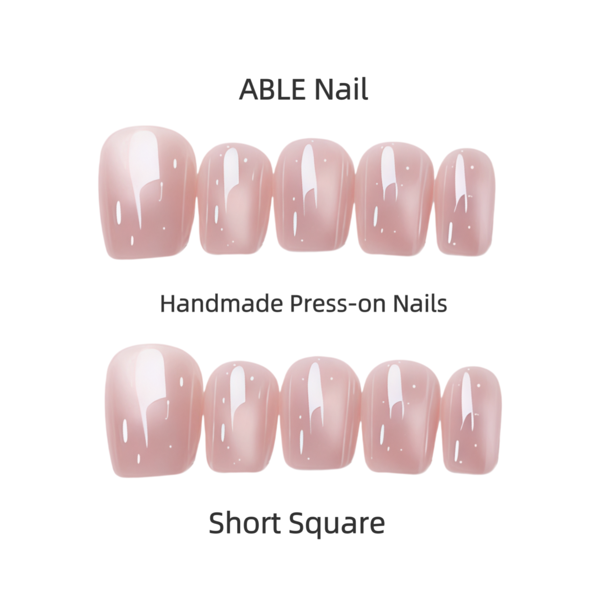 Handmade press-on nails with 'ABLE Nail' branding on a white background