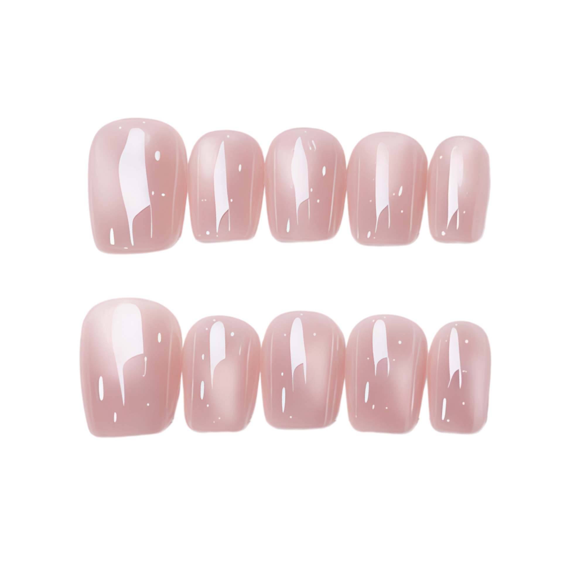 Set of pink nail extensions with a subtle pattern on a white background