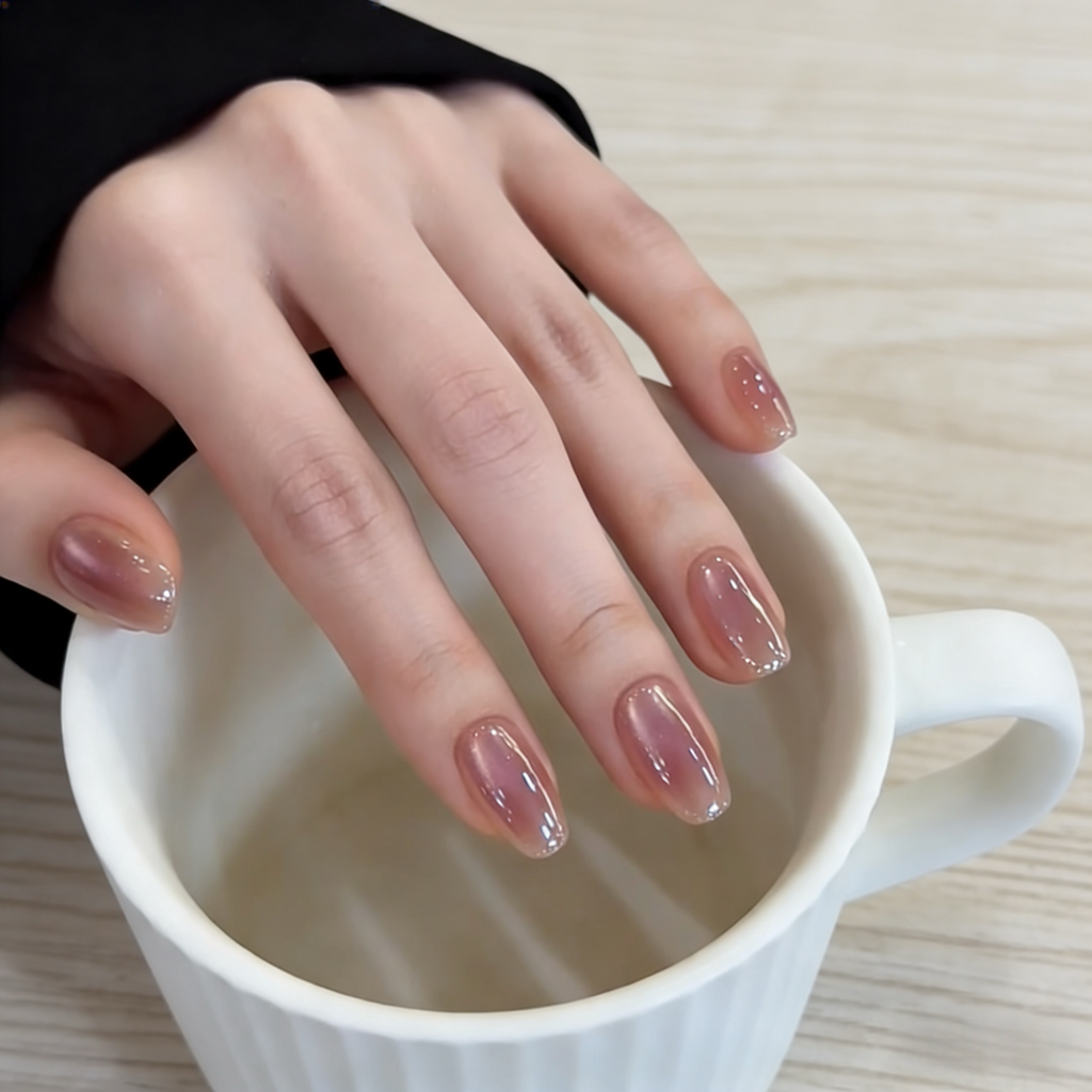 Hand with manicured nails holding a white mug on a light wooden surface