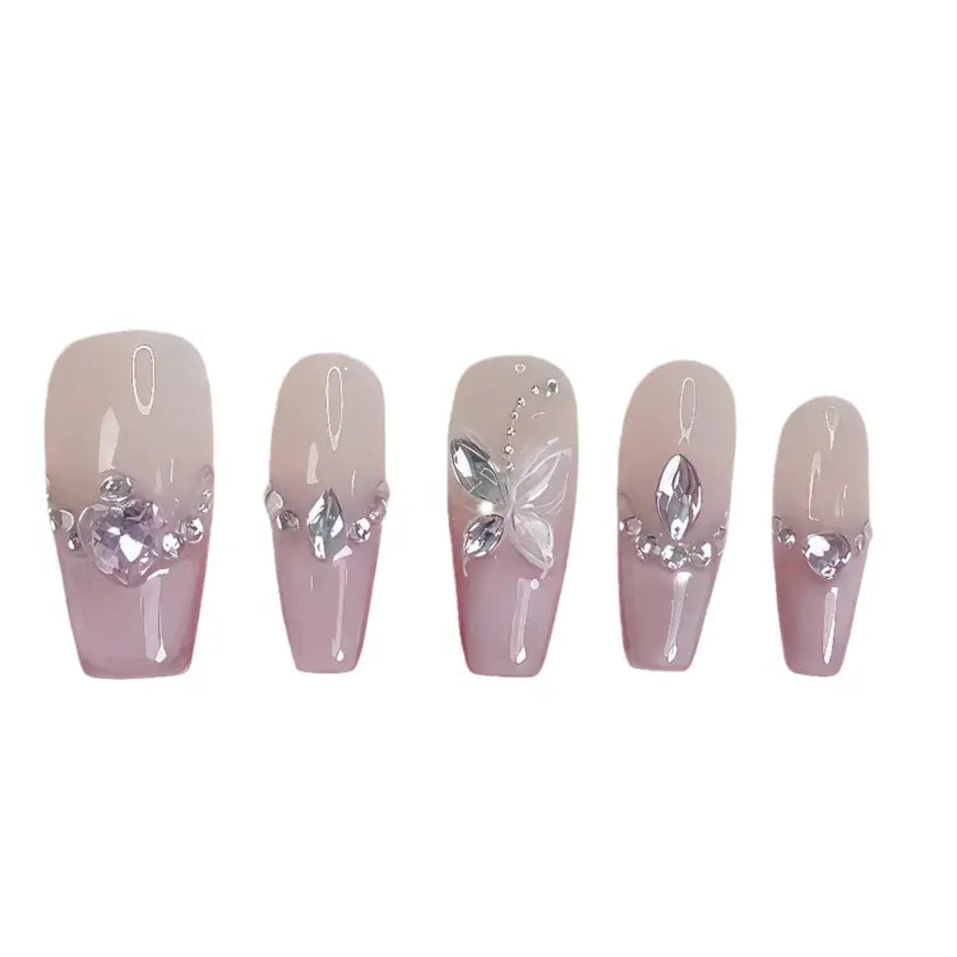 Set of five decorative false nails with silver butterfly and gem embellishments on a white background