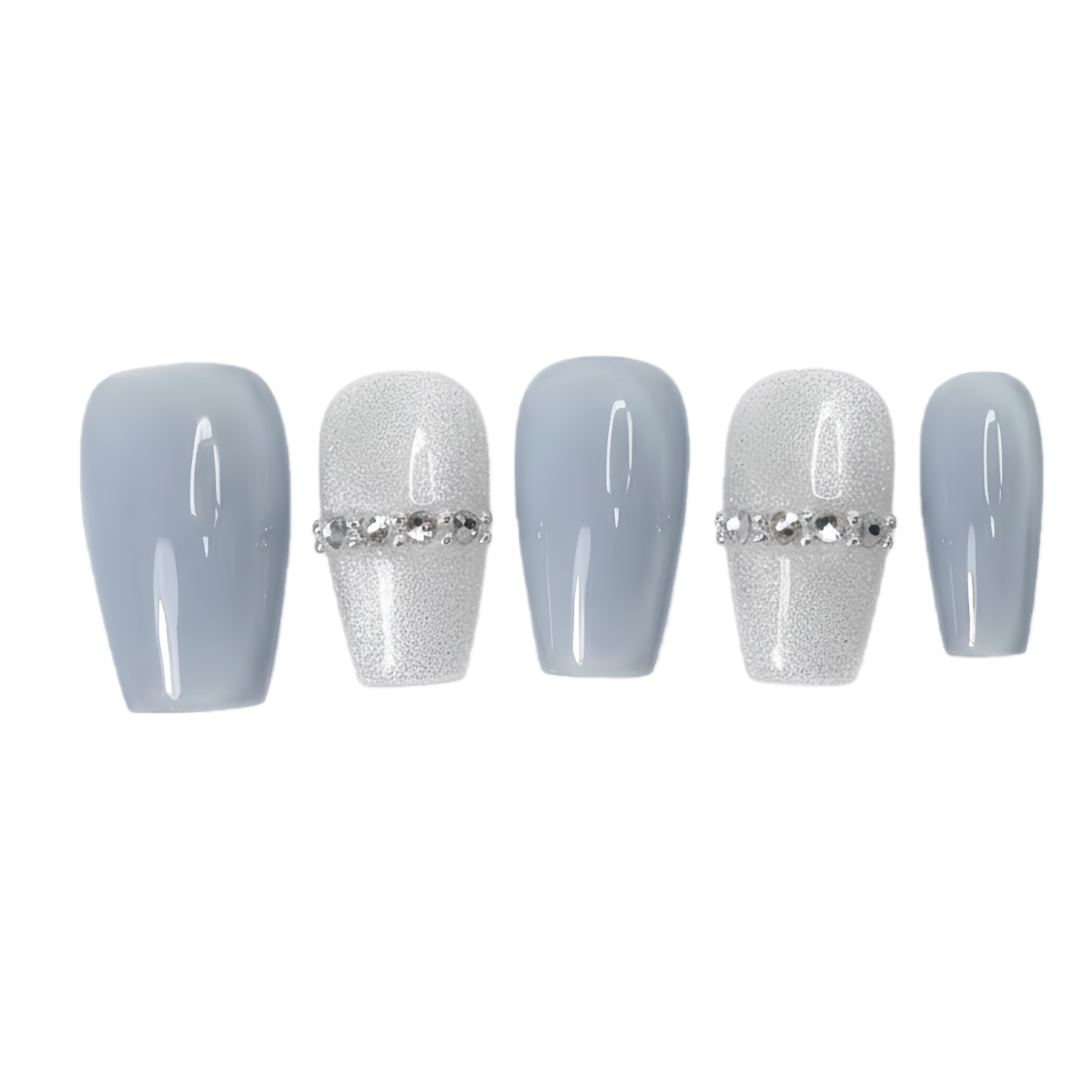 Set of five light blue nail extensions with silver rhinestone decorations on a white background