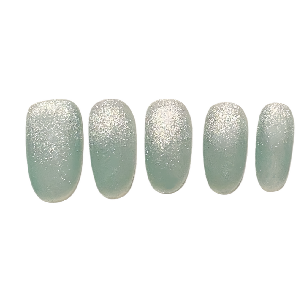 Five light green nail polish with glittery texture on a white background