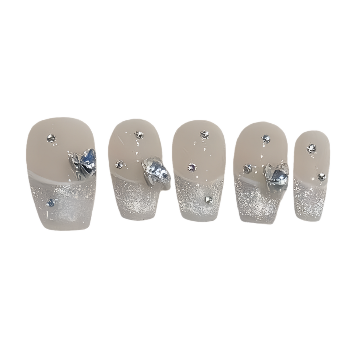 Set of five decorative nail wraps with silver glitter and gemstones on a white background