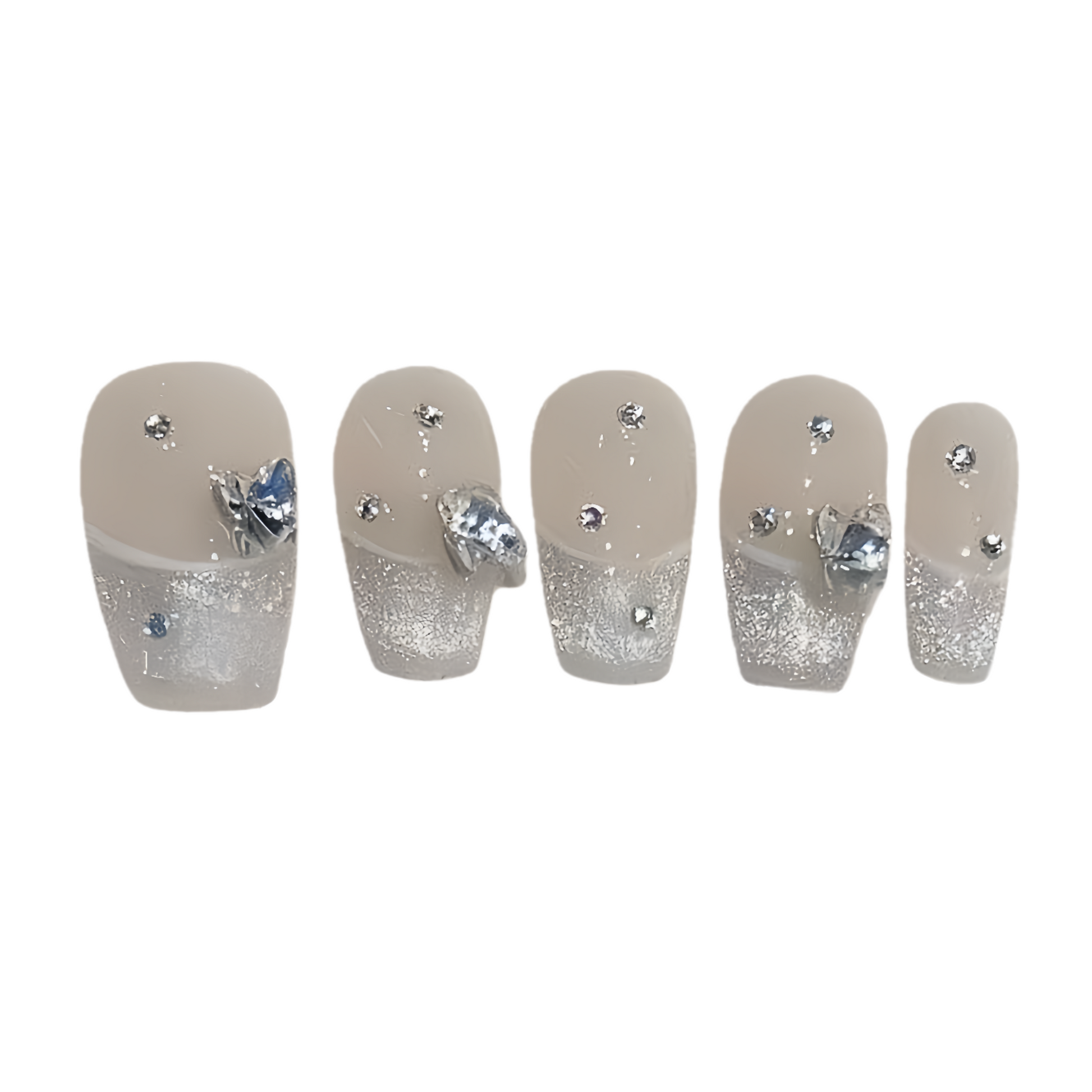 Set of five decorative nail wraps with silver glitter and gemstones on a white background