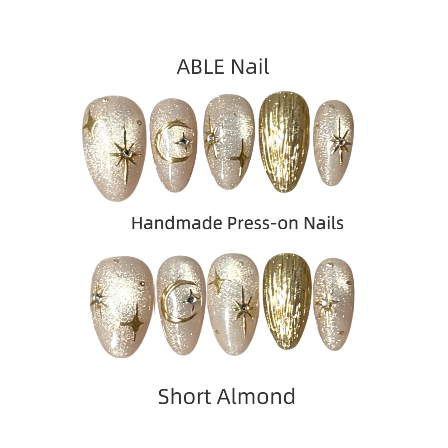 Handmade press-on nails with decorative designs on a white background, labeled 'ABLE Nail'.