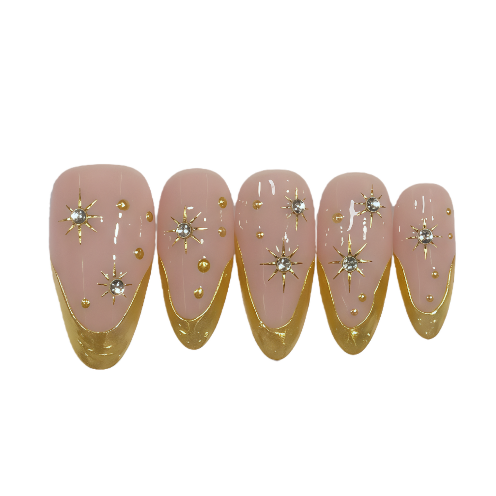 Set of pink nail extensions with gold and silver decorations on a white background