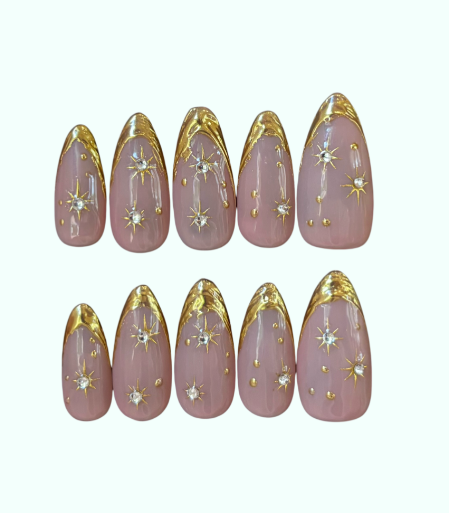 Set of pink and gold nail art designs on a white background