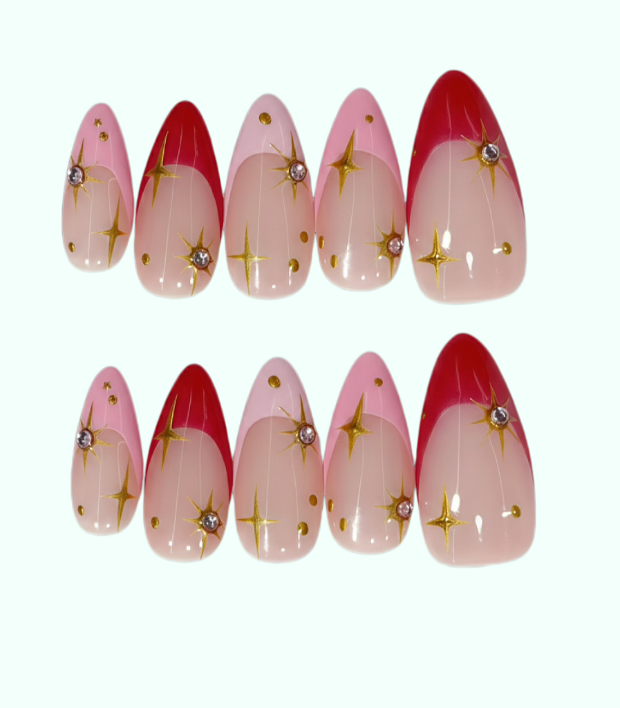Set of nail art designs with pink and red tips and gold star decorations on a white background