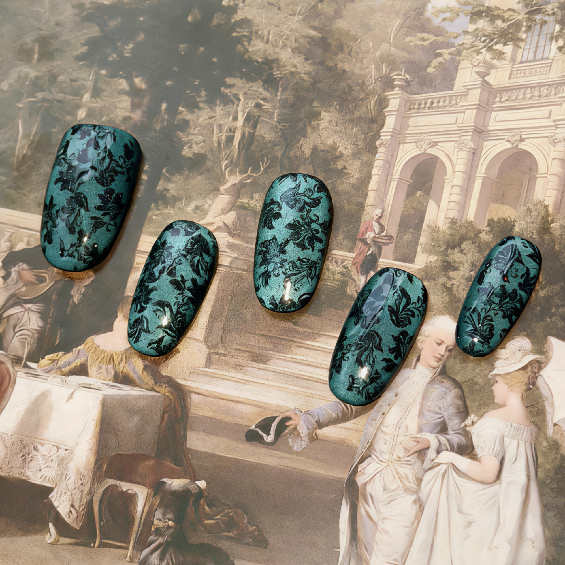 Teal floral nail art designs on a classical painting background