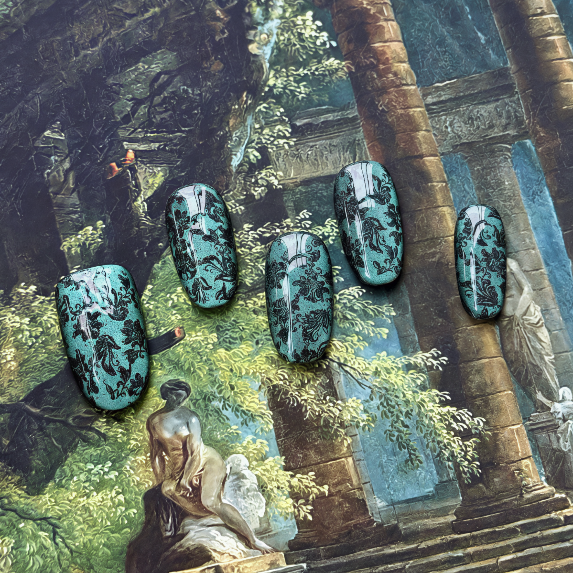 Turquoise stones with black patterns on a classical painting background