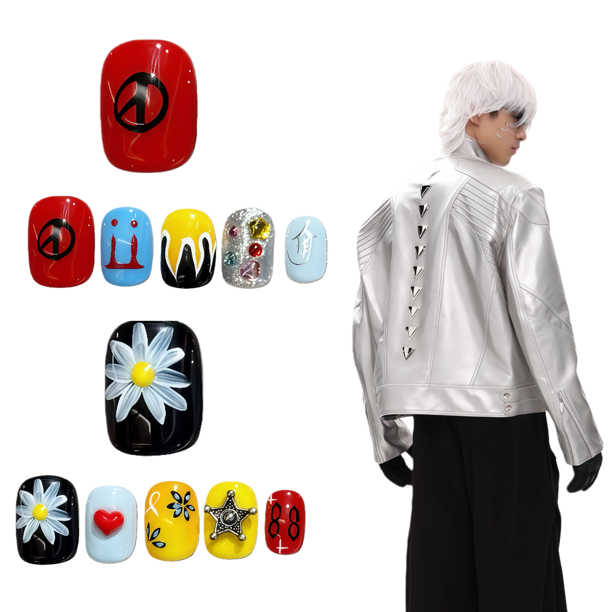 Person wearing a futuristic outfit with a display of colorful nail art designs.