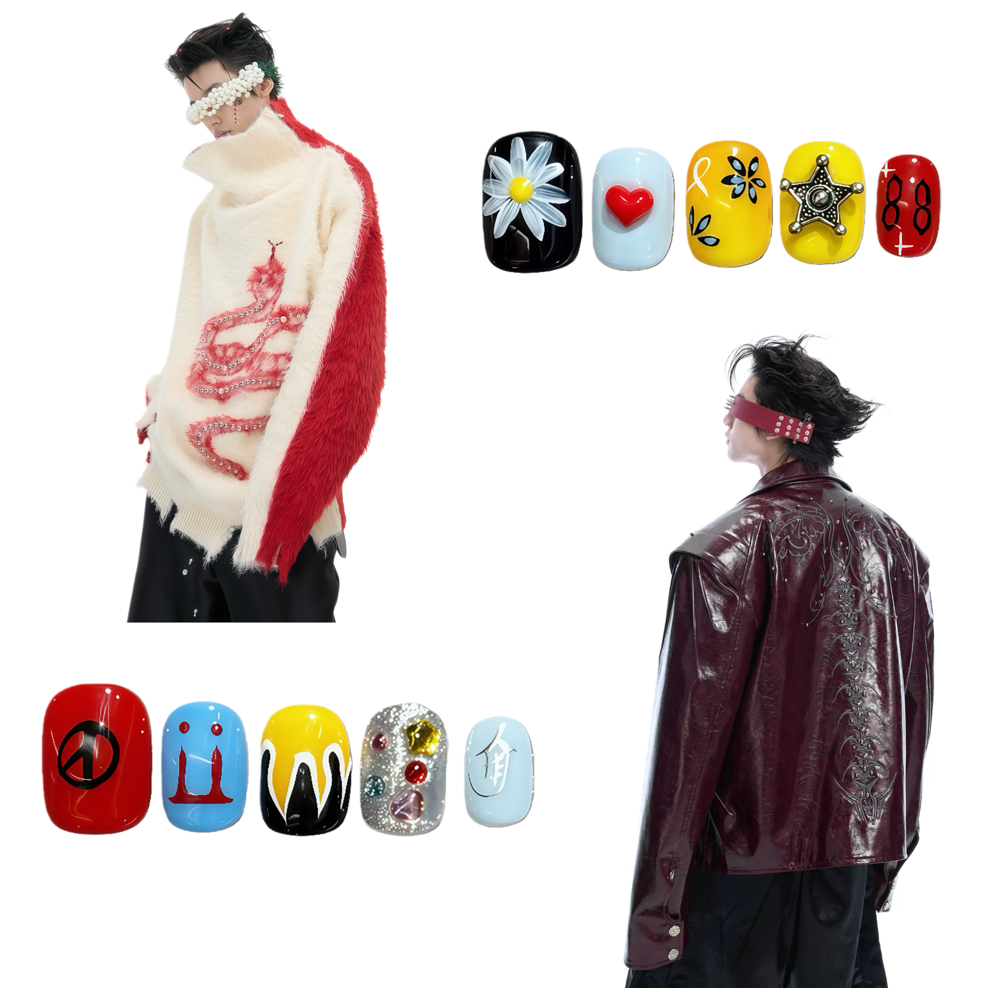 Person wearing a red and white outfit with a collage of colorful nail art designs.