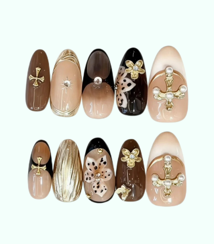Set of nail art designs with decorative elements on a white background