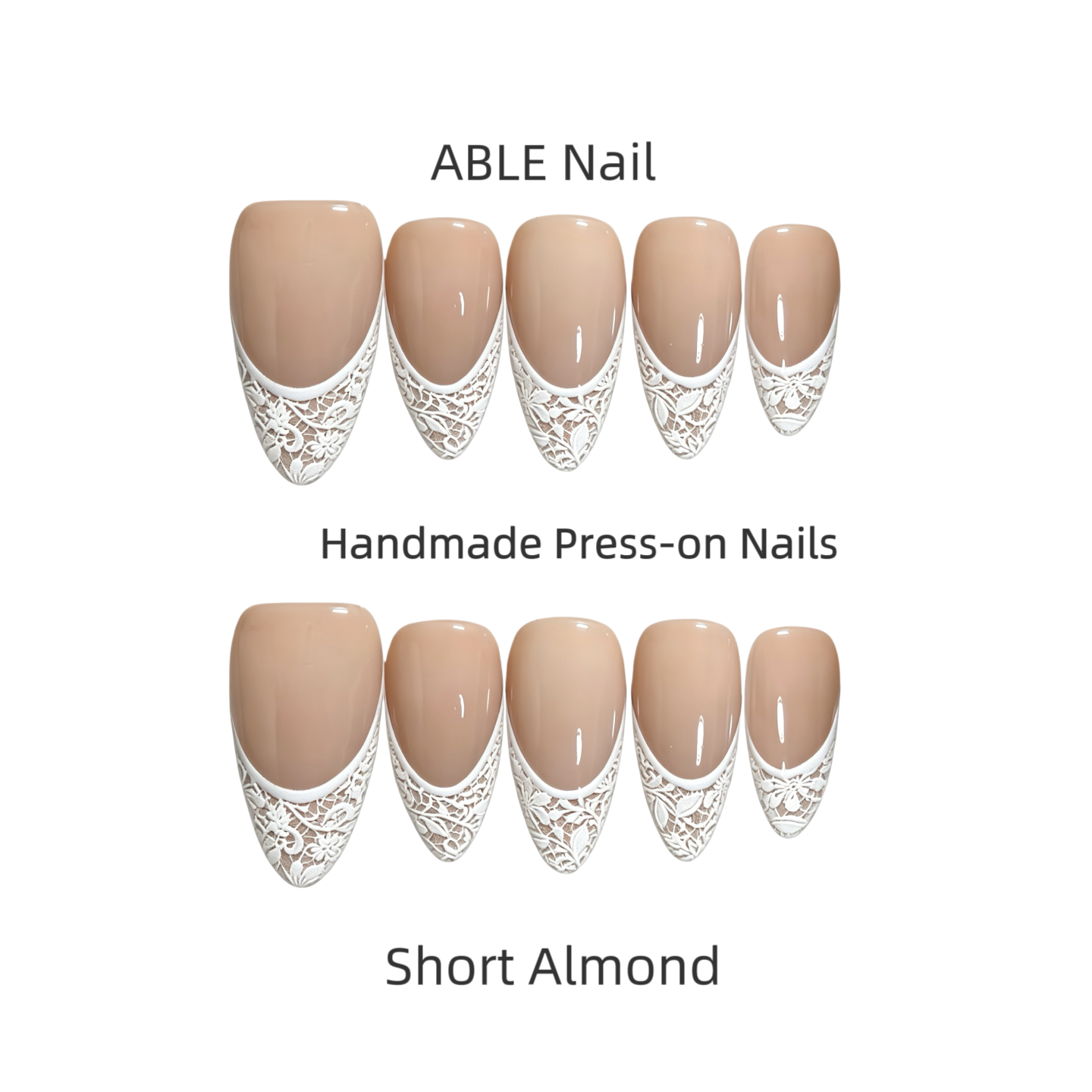 Handmade press-on nails with lace design on a white background, labeled 'ABLE Nail'.