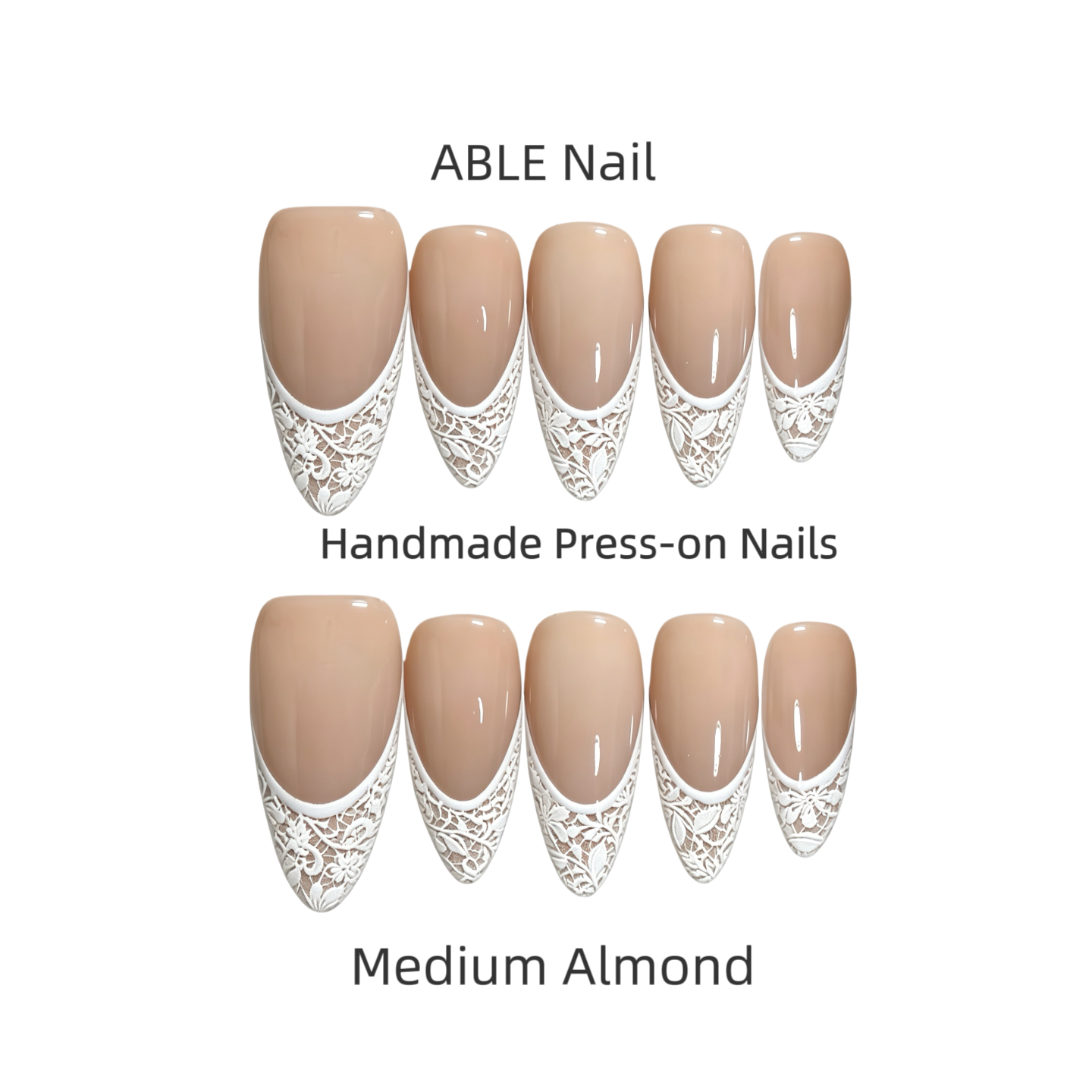 Handmade press-on nails in medium almond color with lace design, branded 'ABLE Nail'.