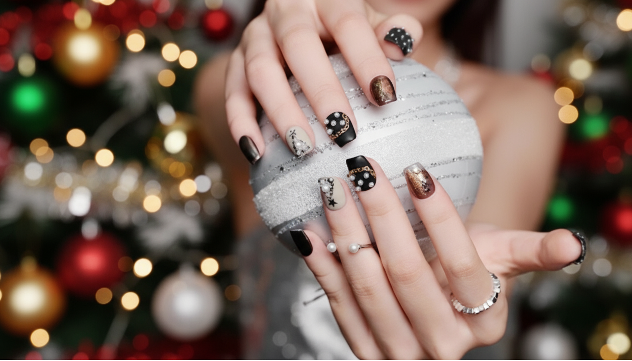 Close-up of hands with decorative nail art holding a textured object.
