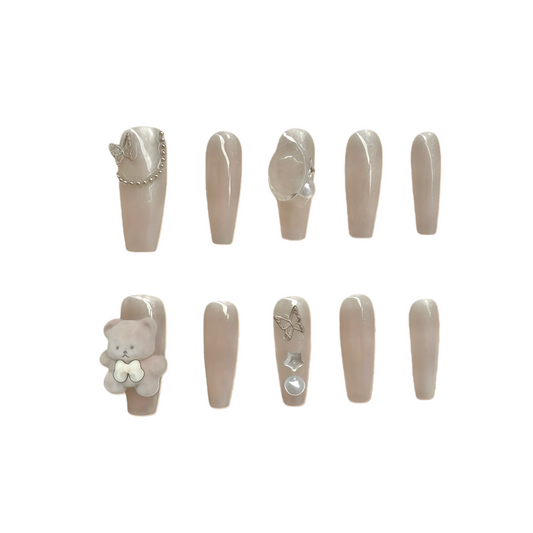 Cute Bear Pearl Butterfly Press On Nails | Nude Glossy 3D Decor False Nails