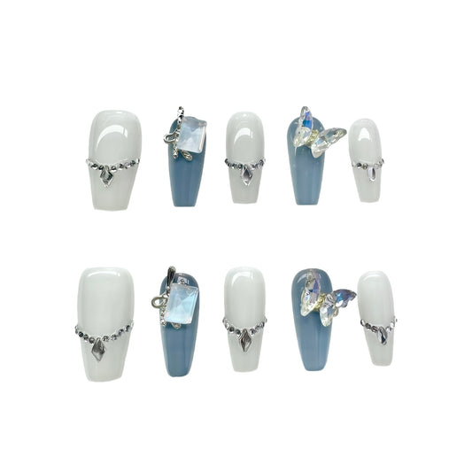 Crystal Butterfly Blue & White Press On Nails | Elegant Rhinestone Decor False Nails