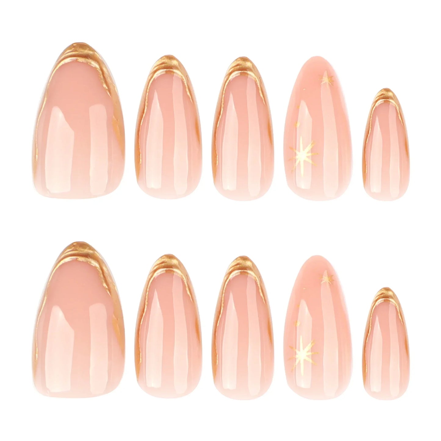 Hot Stamping Metal Gold Star Almond Fake Nails Art Thanksgiving Totem Moon Pearl Sun False Nails Charms Press on Nails Manicure