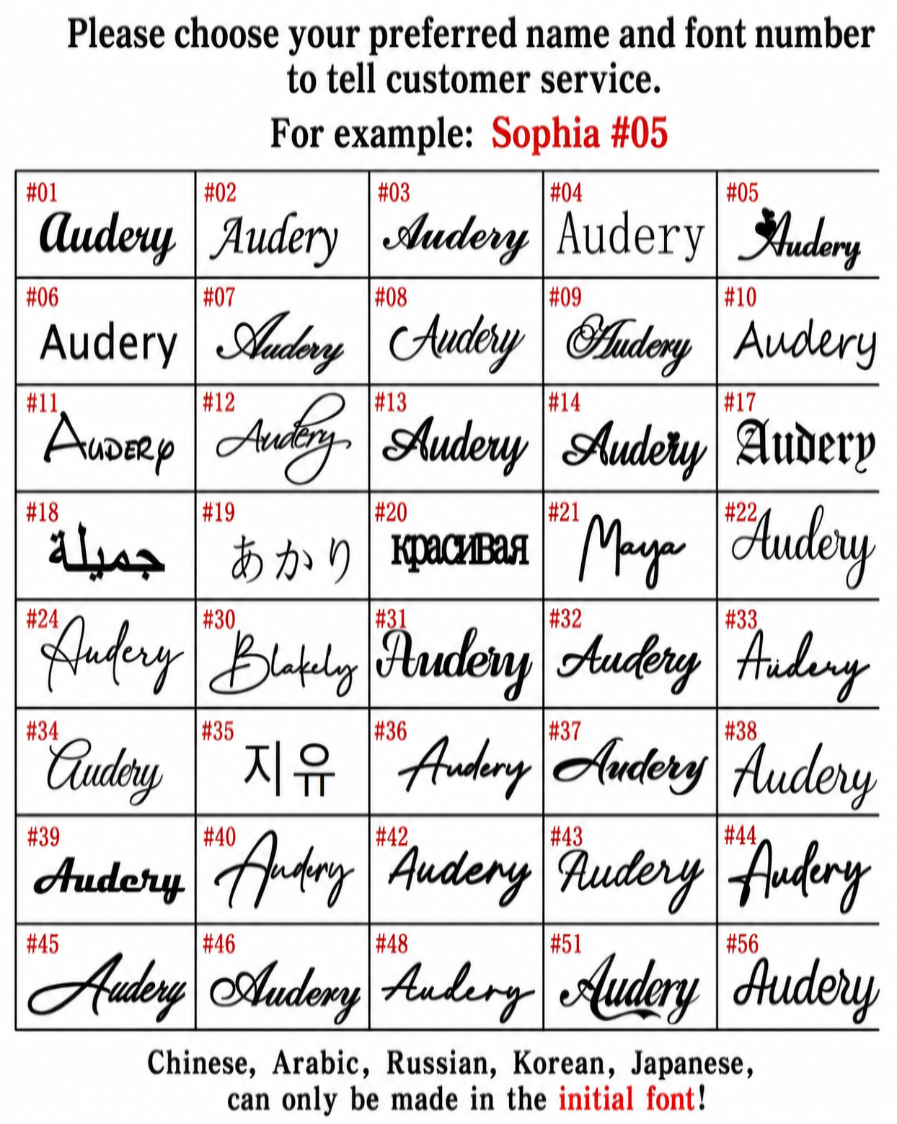 Table with various font styles and names labeled 'Audery' on a white background.
