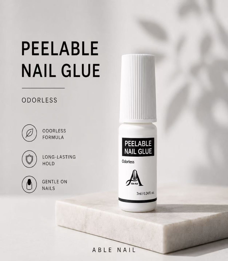 Bottle of peelable nail glue with product features on a light background