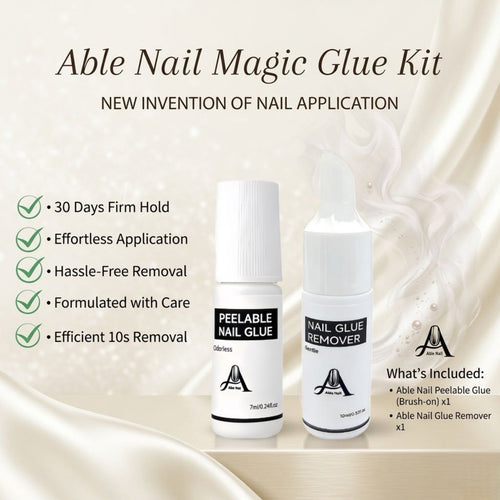 Able Nail Magic Glue Kit with two bottles on a beige background