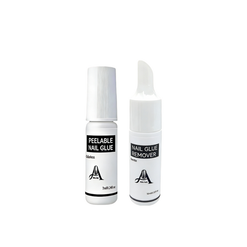 Two bottles of peelable nail glue and remover on a white background