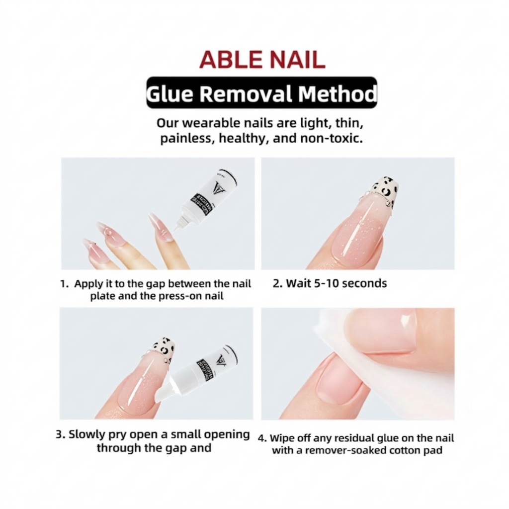 Instructions for ABLE NAIL glue removal method on a white background