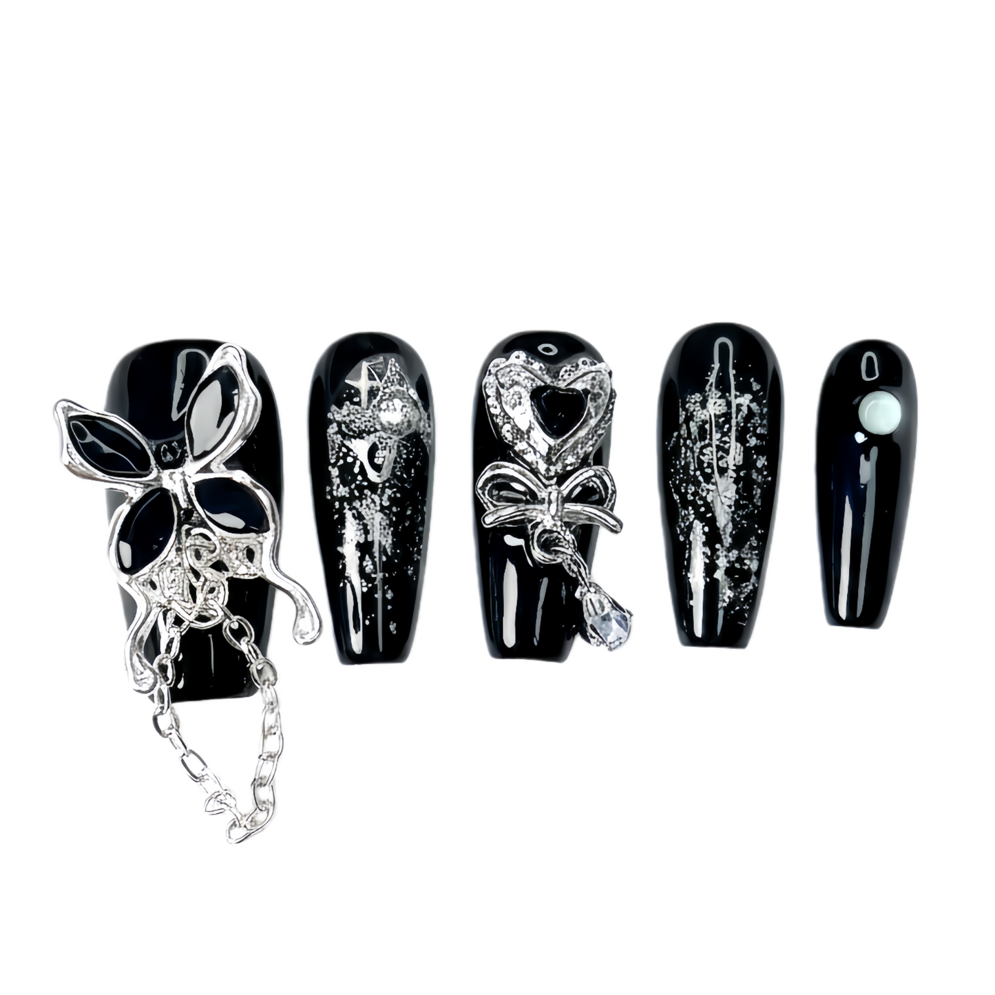 Set of black and silver nail art designs on a white background