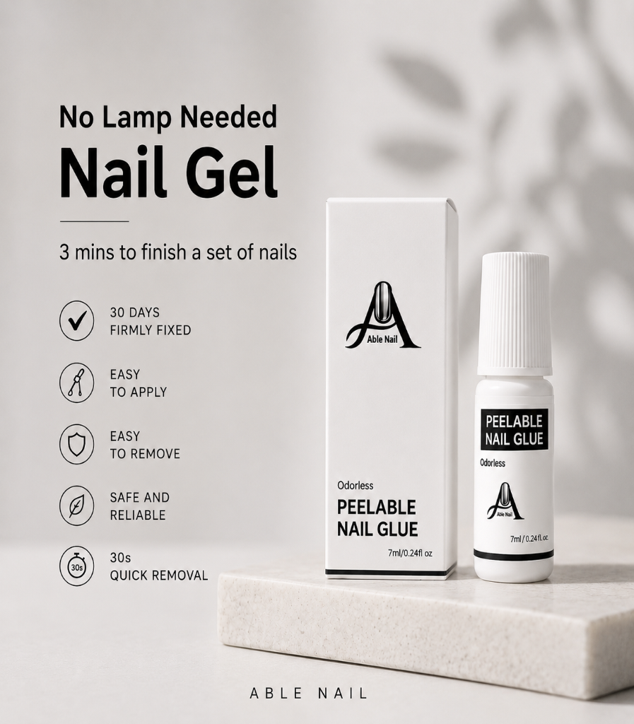 Able Nail peelable nail glue bottle and packaging on a neutral background