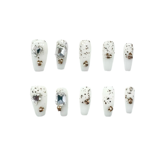 Luxury Crystal Rhinestone White Press On Nails | Gold Accent & Speckled False Nails
